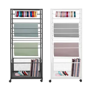 Industrial 16 Tier Double Sided Rolling Craft Rack with Locking Wheels for Ribbon Fabric Scarf Storage Display Organizer Heavy Duty Metal Shelving Unit Black White Freestanding