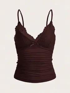 Contrast Lace Bow Front Ruched Y2k Cami Top