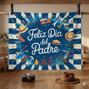 1pc Father's Day Banner Feliz Dia del Padre - Blue & White Checkered Cartoon Tools & Hats Design, Polyester Party Decoration, Wall Hanging Backdrop, for Indoor/Outdoor Celebrations, Weddings - Gift for Parents & Party Planners, Father