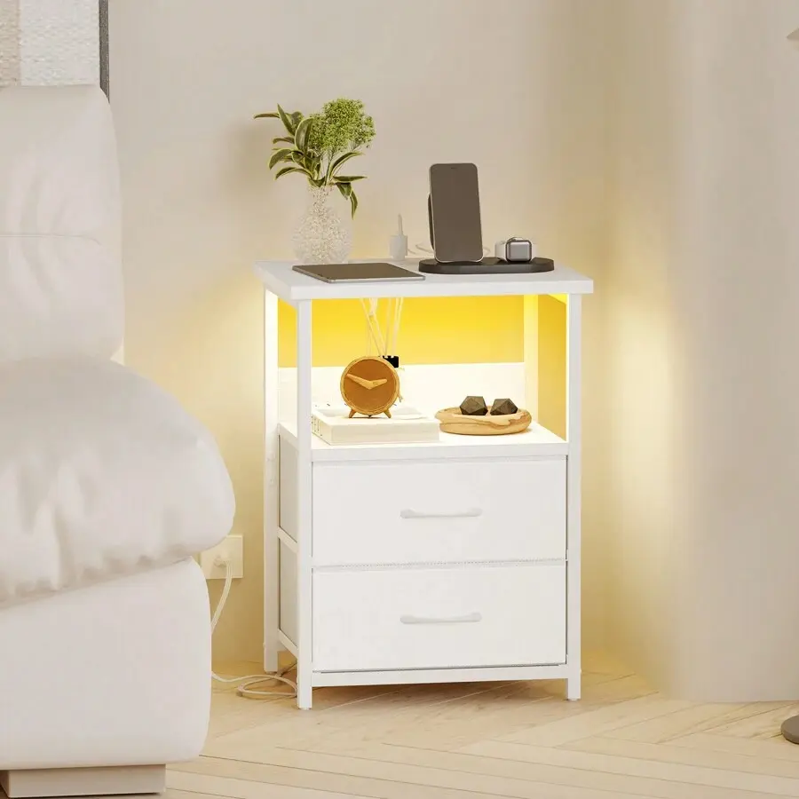 Nightstand With Charging Station, LED Side Table With U-S-B Ports And Outlets, 2 Fabric Storage Drawers With PU Finish, Bedside Table Marble Dining