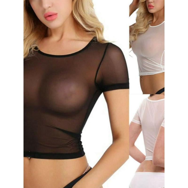 Women Sexy Sheer Mesh See Through Tops, Tee Club Short Sleeve T-shirt Blouse, Chiffion See Through Top Fabric Womenswear