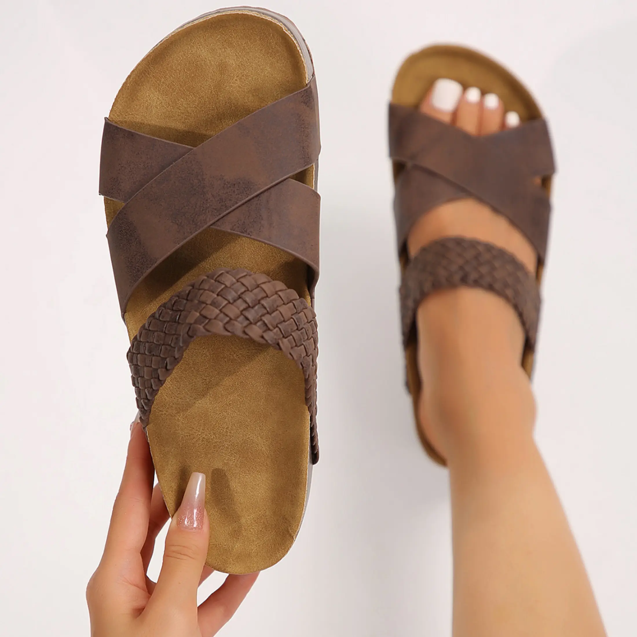 Women Sandals Beach Sandals New Thick Bottom Braided Cross Casual Solid Color Slippers