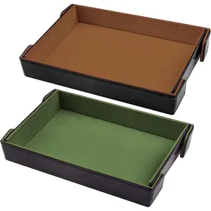 2 Pieces Magnetic Folding Rectangle Dice Rolling Tray PU Leather Dice Holder Storage Box for D&D RPG Dice Games (Green, Camel)