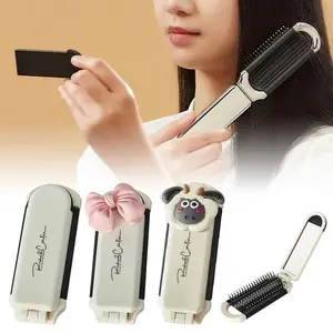 Folding Hair Brush with Mirror, Wet & Dry Detangling Hair Brush, Mini Hair Comb Compact Travel Size Hair Massage Comb For All Types of Hair