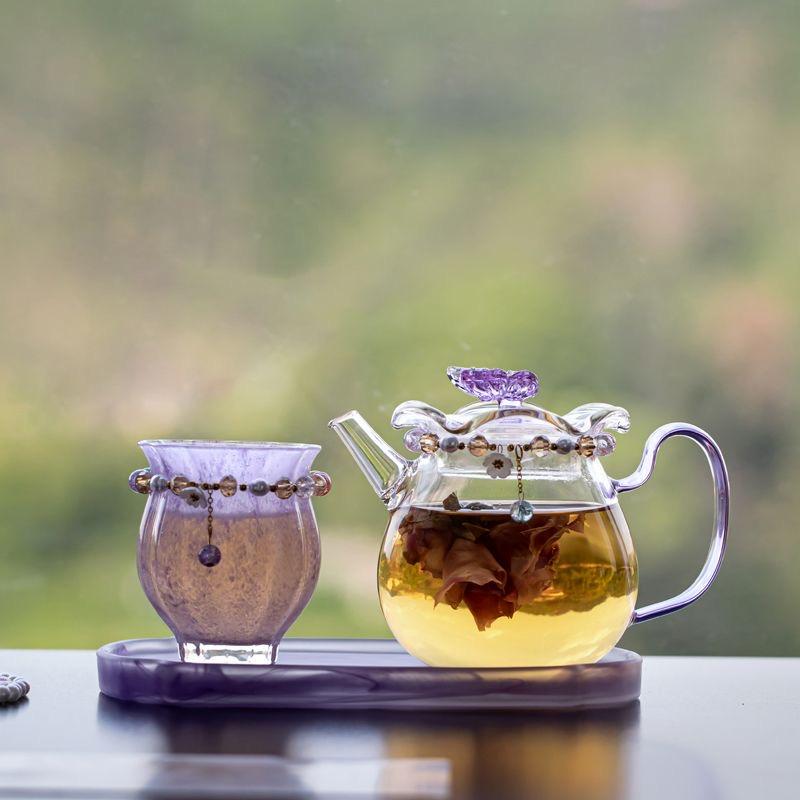 T11. Pink Butterfly Borosilicate Glass Tea Set – 1 teapot, 1 cup, heat-resistant, for home kung fu tea brewing