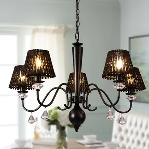 Garwarm Rustic Vintage Chandelier with Crystal Accents - 5-Light Black Metal Pendant Light Fixture for Living Room, Dining Room, or Bedroom,Home Lamp