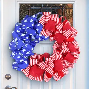 American Flag Ribbon Wreath Door Hanging, Patriotic Decoration for Independence Day, Memorial Day, Flag Day, 250th Anniversary Celebration