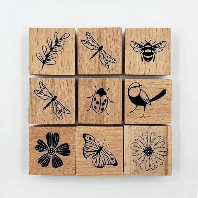 9 Pcs Vintage Wooden Rubber Stamps - Decorative Mounted Wood Stamp Set Featuring Butterfly, Bird & Floral Patterns for DIY Crafting, Scrapbooking, Art Journals & Card Making
