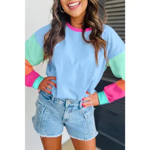 Dark Blue Color Block Sleeve Loose Fit Top