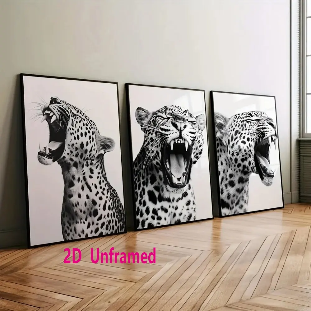 Set of 3   Black and White Leopard Print Art Wall Art Set, canvas print, Home Wall Art, minimalist and stylish, animals, cheetah, decorative, frameless