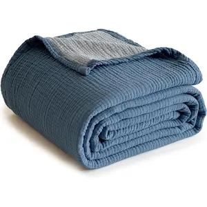 100% Cotton Muslin Blanket, Lightweight Breathable 4 Layering Soft Cotton Throw Blanket,Gauze Blanket for Bed Couch Camping All-Season Use (Dusty Blue, 50"x60")