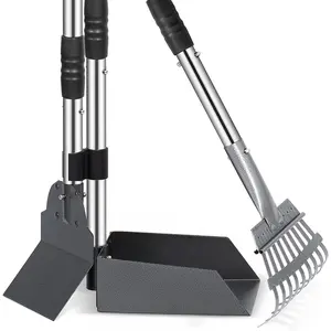 Rust Proof Stainless Steel Dog Pooper Scooper Kit, Durable Long Handle Dog Poop Tray Spade Rake Set, Easy Cleaning Pet Supplies, Litter Scoop