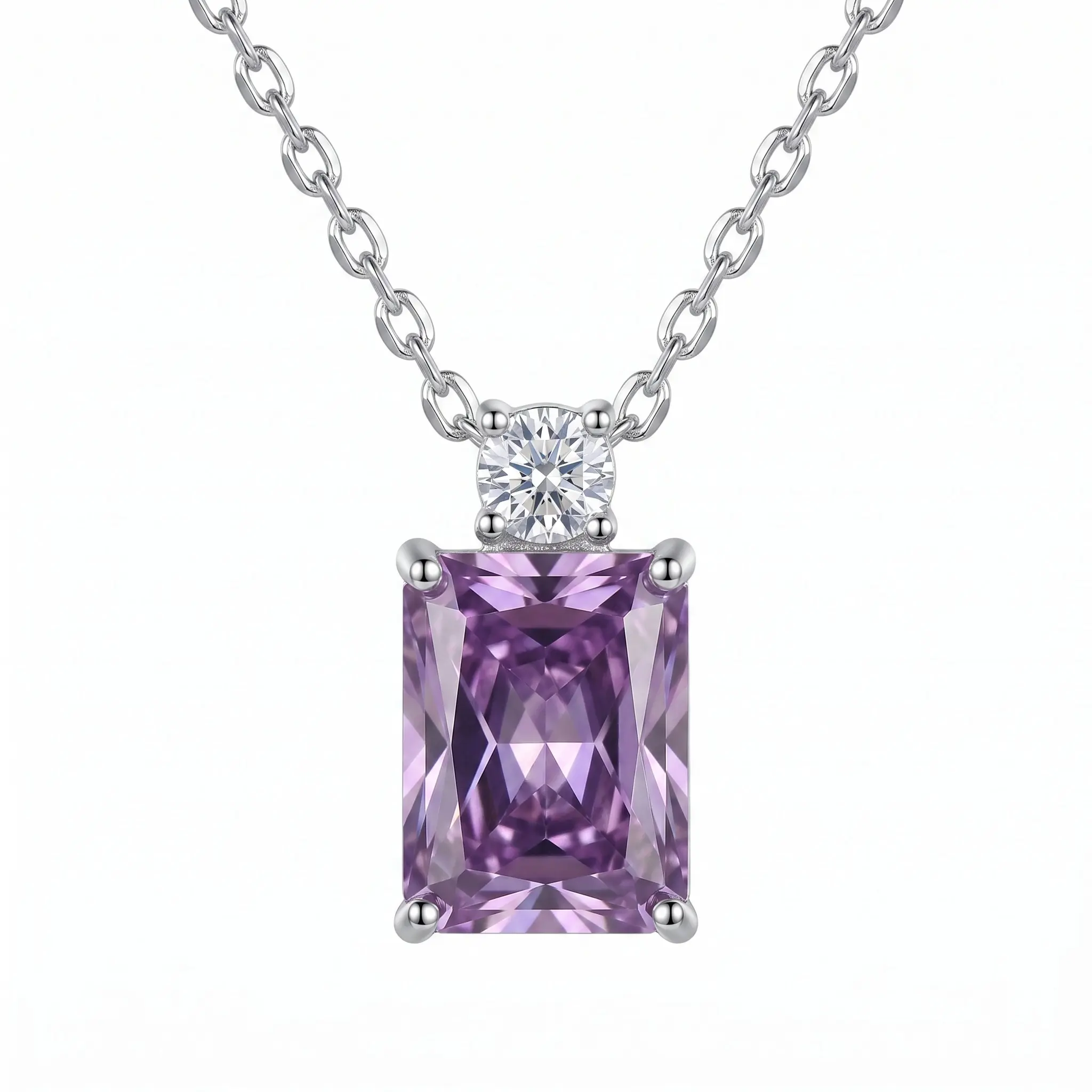Rectangle Radiant Cut Purple Gemstone Moissanite Necklace 925 Sterling Silver Solitaire Jewelry With Accent Stone