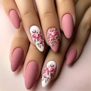 Rose Pattern Almond Fake Nail, Flower Pattern Press on Nails with 1 Count Nail File & 1 Sheet Tape, Removable Nail Art Artificial Full Cover