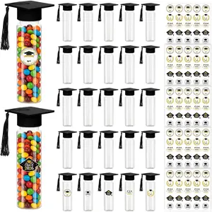 25 Pcs 2026 Graduation Candy Tubes Black - Grad Cap Jars with Tassels & Stickers, Bulk Plastic Containers for DIY Graduation Party Favors, Table Decorations Gifts for Students
