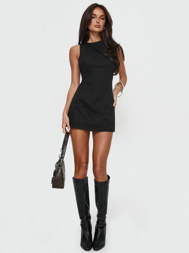 slim fit dress slacks Quelin Backless Dress in Rib Black