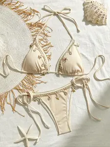 Women's Solid Color Starfish & Conch Decor Halter Triangle Plain Bikini Set, High Stretch Casual Fashion Tie Back Backless Swim Top & Tie Side Swim Bottom, Ladies Swimsuit for Beach Holiday Vacation, Tie Back Bikinis