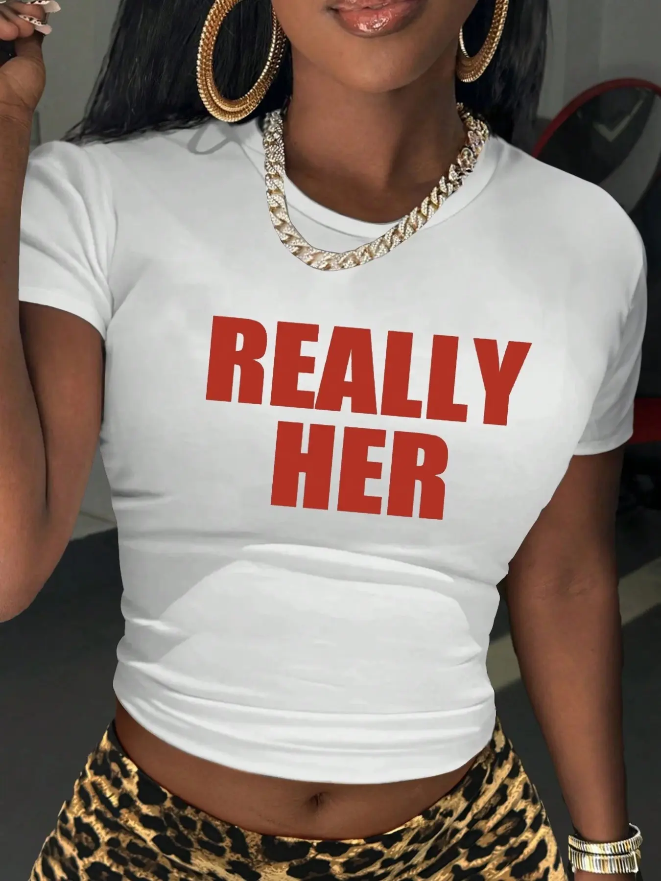 "REALLY HER" Viral Baby Tee, Womenswear, Y2K Aesthetic Slim Fit Crop Graphic T-Shirt, Stretchy Elastic Soft Cotton Blend Fabric, Trendy Streetwear, Bold Red Letter Print, Statement, Bodycon Silhouette, Fitted, Perfect for Club, Date Night, Daily Casual, M