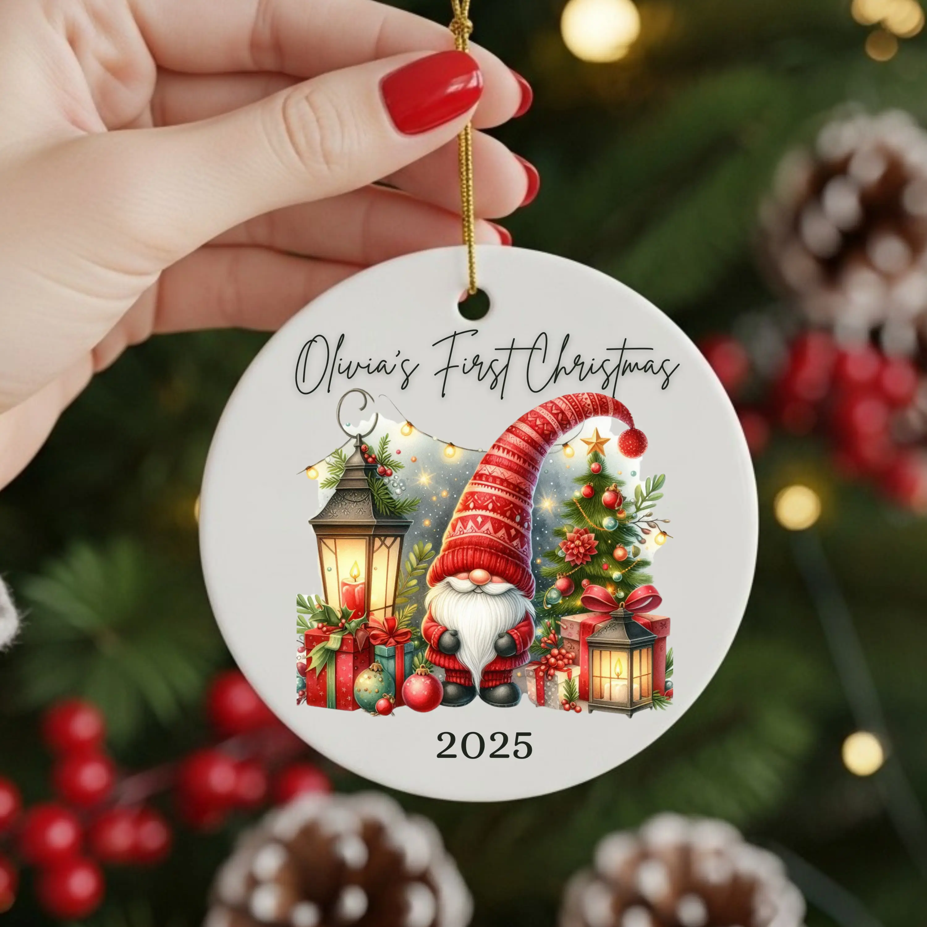 Baby's First Christmas Ornament - Personalized Ceramic Round Keepsake with Adorable Gnome, Christmas Tree, Lanterns, "Olivia's First Christmas 2025" Tex Gift Backdrop Fairy Glossy Hat Print Decoration 1 Side