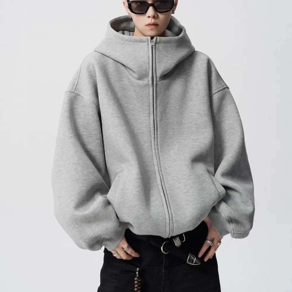 Gihuo Mens Oversized Zip Up Hoodies Jackets  Cotton Heavyweight Sweatshirt Pockets Zipper