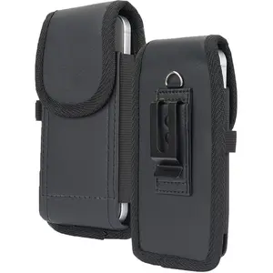 Pouch for iPhone 15 Case, Nakedcellphone Black Vegan Leather Vertical Holster Holder Strong Metal Clip and Secure Belt Thread Loop Harness for iPhone 14, 13 Pro, 12, 12 Pro, 11, 11 Pro, XR