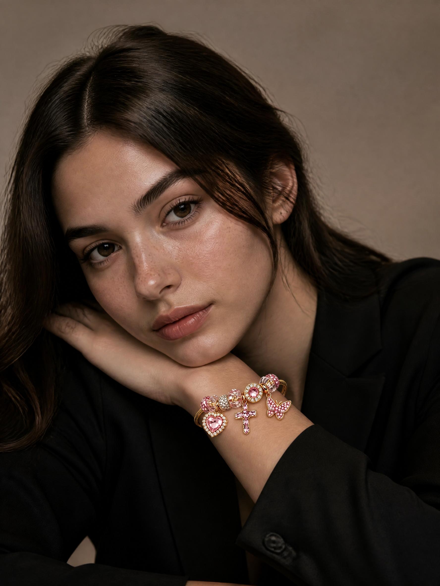 Sparkling Pink Charm Bangle - Heart, Cross & Butterfly Dangle Bracelet for Women | Trendy Gold-Tone Jewelry Gift Sparkling Pink Charm Bangle - Heart, Cross & Butterfly Dangle Bracelet for Women | Trendy Gold-Tone Jewelry Gift
