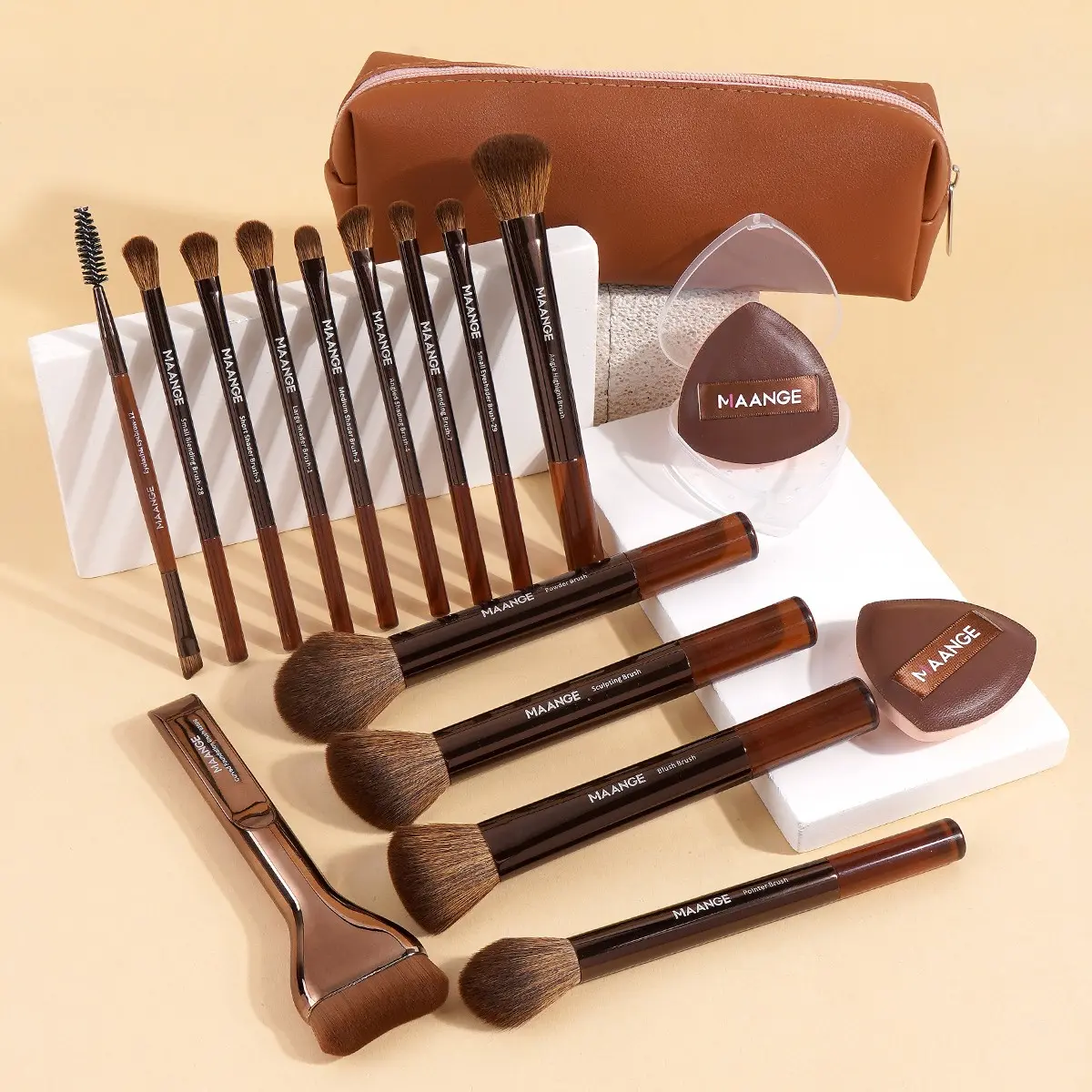 Maange 17-Piece Makeup Tool Set, Includes 14 Brushes, 2 Puffies, Brush Bag, Foundation, Blush, Powder, Eyeshadow, Mascara, Highlighter Brushes, Makeup Blending Brush, Cosmetic Brush Set