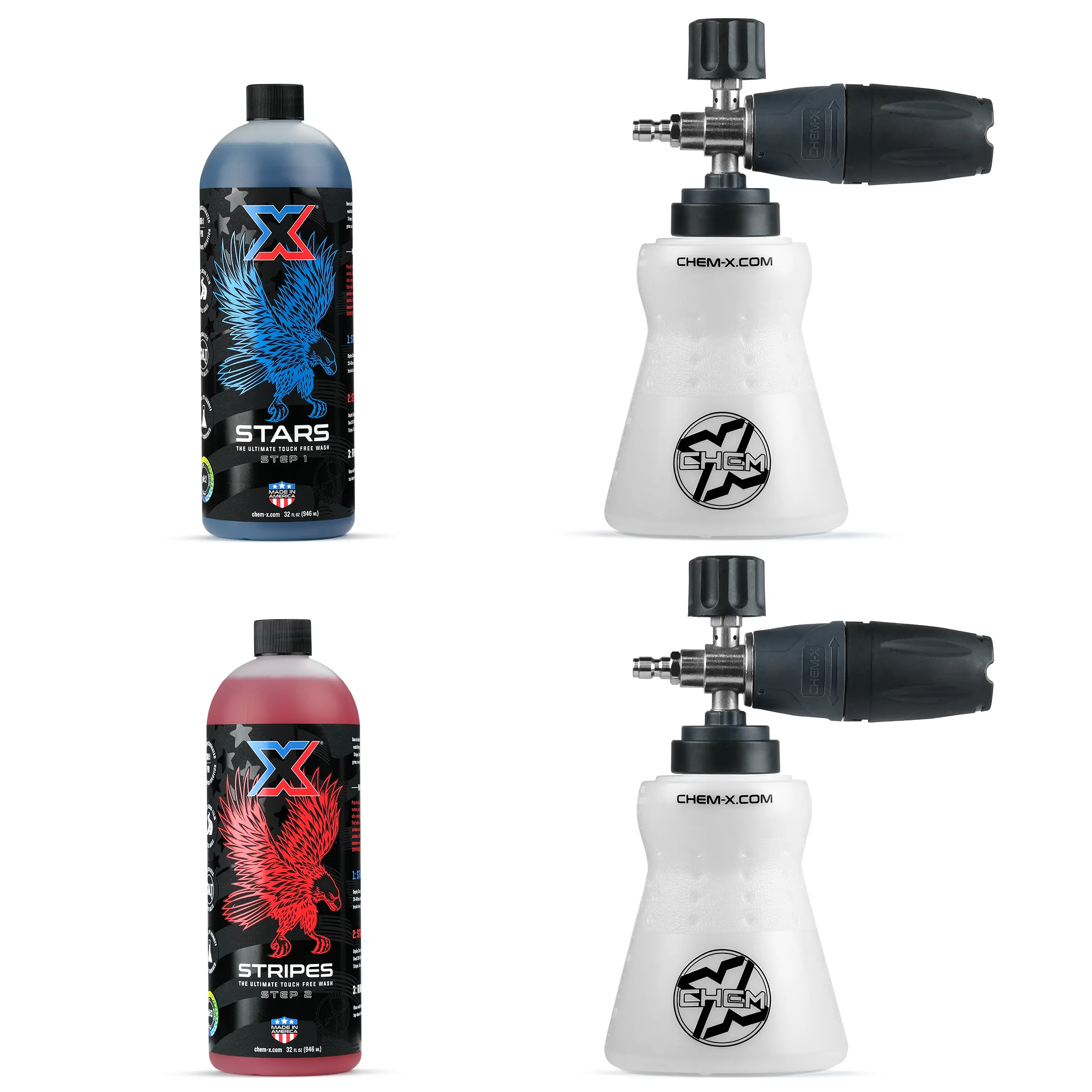 Chem-X 2-Step Foam + Clean Kit - Stars + Stripes, Cars/Motorcycles Cleaning Kit with 2 Freedom Snow Foam Cannons