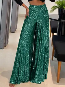 A women's wide-leg version is loose and elegant and inclusive with a good waist elastic design sequin wide-leg trousers, suitable for autumn and winter, suitable for dinner party, Evening style, Formal, fashionable red carpet style and other styles.