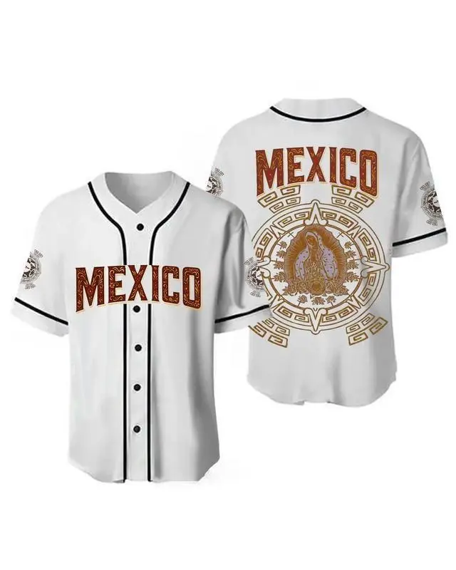 Mexico White Baseball Jersey Men Women Aztec Guadalupe Design Streetwear Casual Summer Gym Sports Shirt Comfortable Loose Fit Unisex Baseball Uniform Top