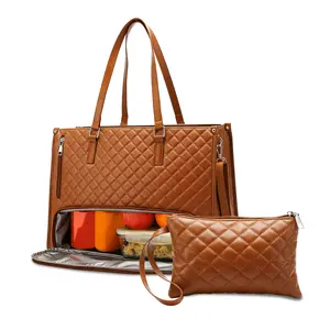 Insulated Laptop Tote Bag for Women – 15.6" PU Leather Work Briefcase with Leakproof Lunch Compartment, Removable Wristlet Pouch, Thermal Lunch Box for Office or Travel – Brown, 42×28×30cm