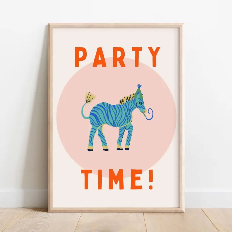 Party Time Print, Kids Wall Art, Fun Playroom Poster, Whimsical Nursery Decor, Colorful Gallery Wall, Toddler Bedroom, Quirky Zebra Gift