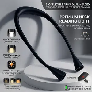 Rechargeable LED Neck Light, 3 Color Temperatures 5 Dimmable Brightness, 360° Rotatable 270° Bendable Hands-Free Neck Lamp, 1200mAh Battery for Camping, Repair, Craft, Night Work