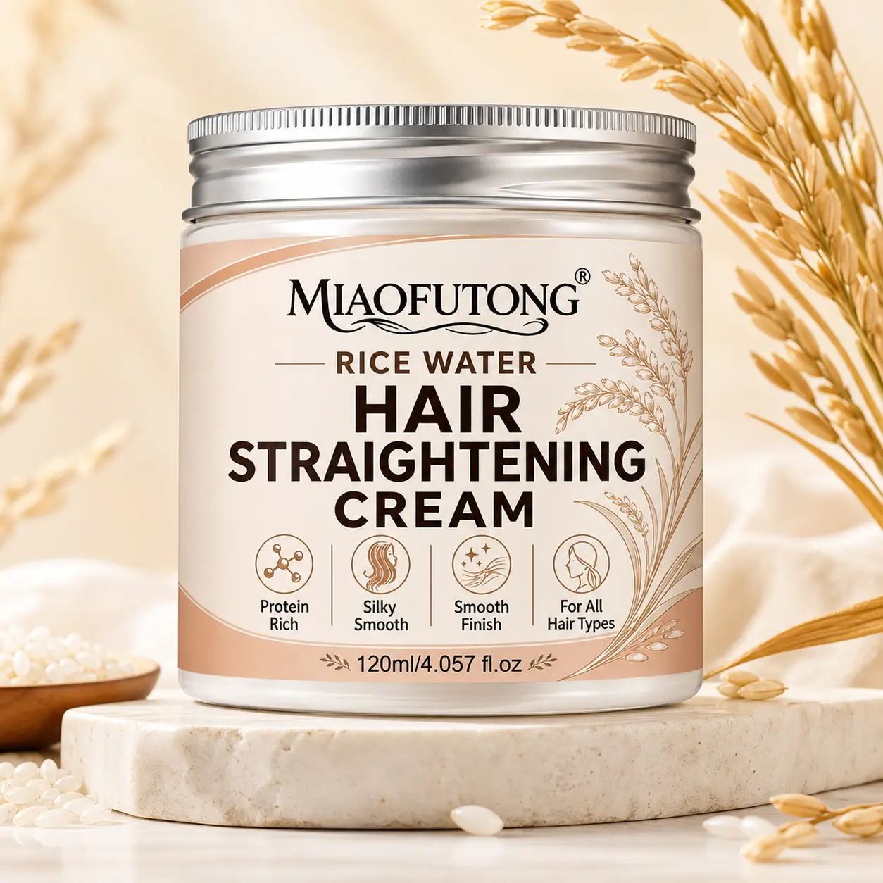 MIAOFUTONG Rice Water Hair Straightening Cream, 120ml, Smoothing Styling Cream for Sleek-Looking Hair, For All Hair Types