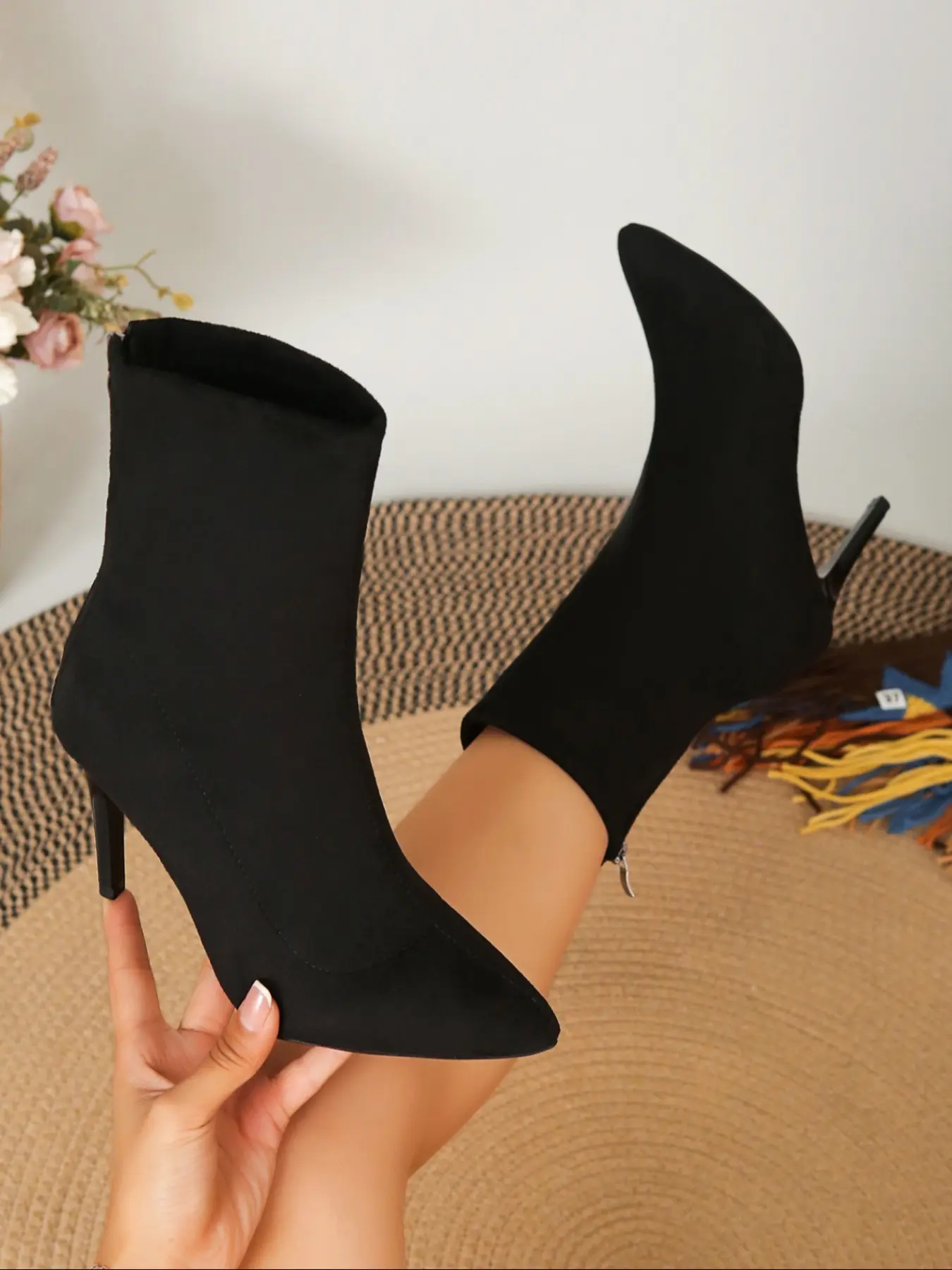 New Autumn Pointed Toe High Heel Short Boots, Elastic Sock Boots for Women, Zipper Ankle Boots, Sexy Style, Above Ankle Below Knee
