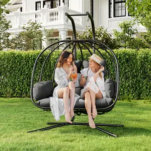 [dealsforyoudays] Ultra Comfortable Double Egg Hanging Chair Set with Stand, Premium Wicker Rattan Patio Swing for Outdoor/Indoor Use, Includes Plush Cushions & Durable Metal Frame, Waterproof & Sunproof Design Perfect for Garden, Porch Relaxation