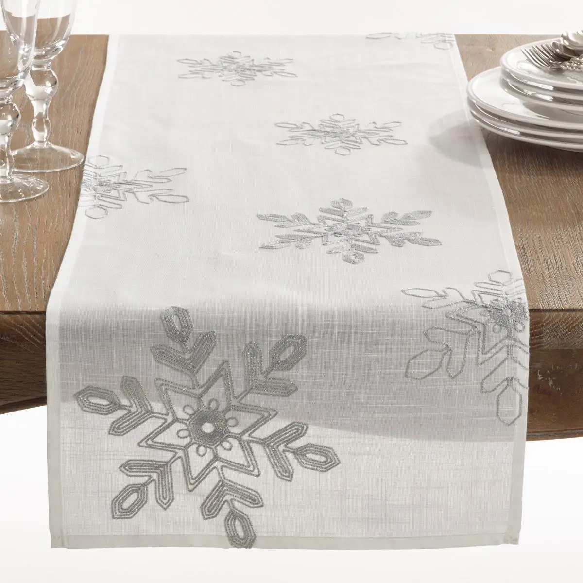 212 MAIN Embroidered Flake Rectangle Table Runner with Napkin, 16x54 in Silver, Christmas Vibe Kitchen Linen for Holiday Table Decor