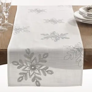 212 MAIN Embroidered Flake Rectangle Table Runner, 16x54 in Silver, Christmas Vibe Kitchen Linen Napkin for Holiday Table Decor