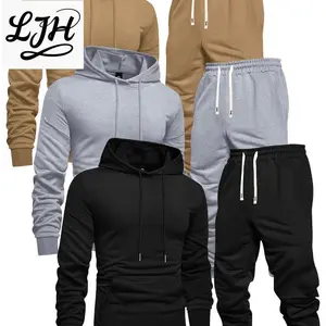 high quality 3-Pack Men'S Casual Sports Hoodie and Sweatpants Set, Solid Color, Long Sleeve Pullover Pocket, Knit Polyester, Slight Stretch, Regular Fit, Elastic Waist with Drawstring, Ribbed Cuff Pants - Spring/Fall Athletic Outfit Clothing Tops