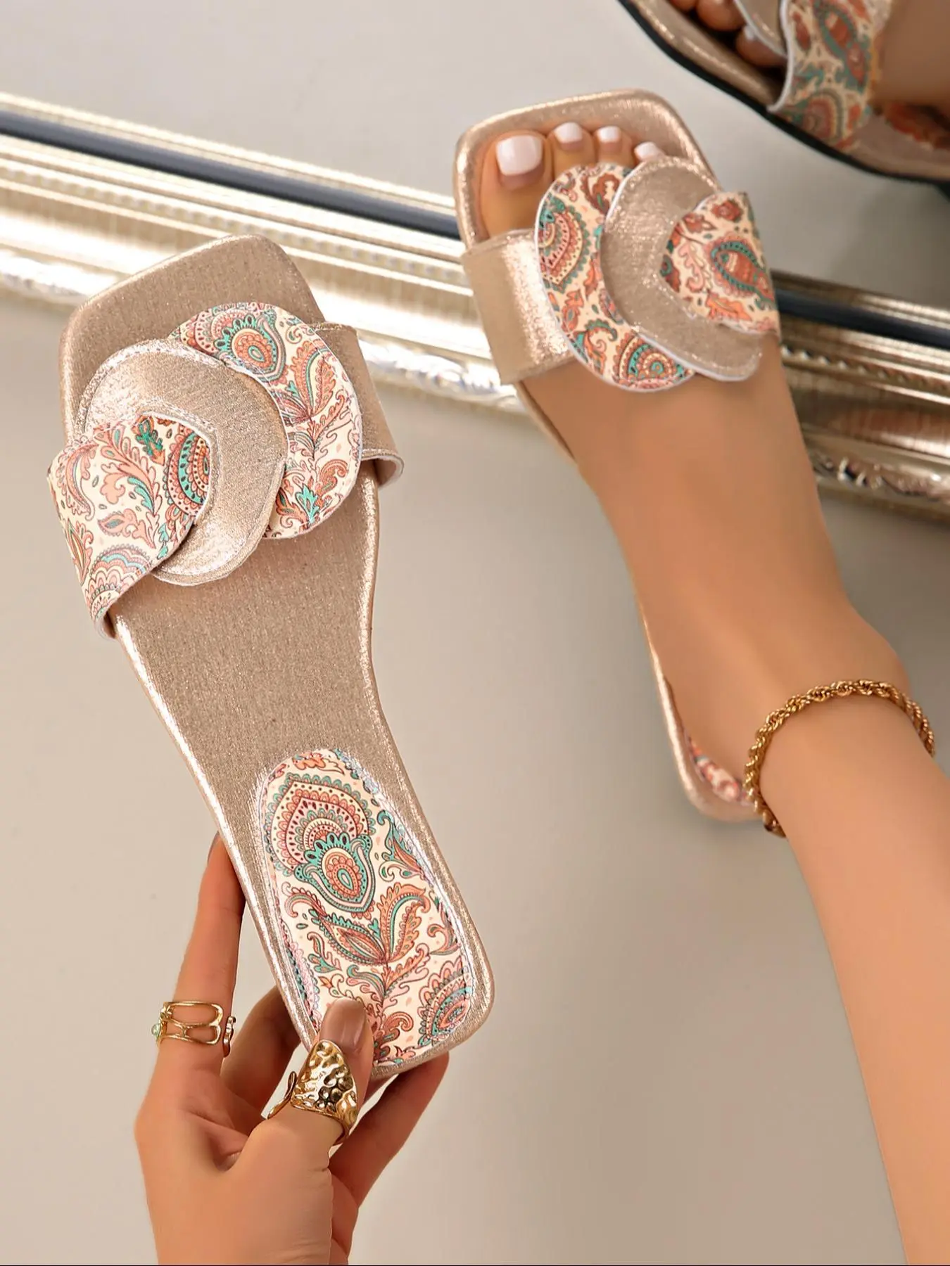 Women's Fashionable Patchwork Design Paisley Pattern Slides, Casual Comfortable Flat Slippers for Beach, Fashionable Slippers for Indoor & Outdoor Wear, Walking Shoes, Fashionable Casual Sandals, Comfy Sandals