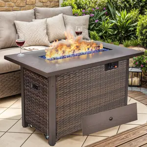 Grezone 42" Propane Fire Pit,Outdoor Wicker Fire Pit Tables Rectangular Tabletop,50000 BTU w/CSA-Certified,Backard Heavy Duty Firepit Modern