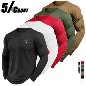 5-Pack Casual Sports Sun-Protective Long Sleeve Tops for Men — Solid Color Comfortable Long Sleeve T-Shirts, suitable for outdoor activities, holidays, and sports; casual tops