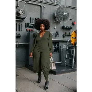 Spring/Summer 2025 New Women’s Knit Long-Sleeve V-Neck Solid Color Jumpsuit — Loose Fit, Casual Street Style, Lightweight, Basic, Minimalist, Available in Gray and Sky Blue