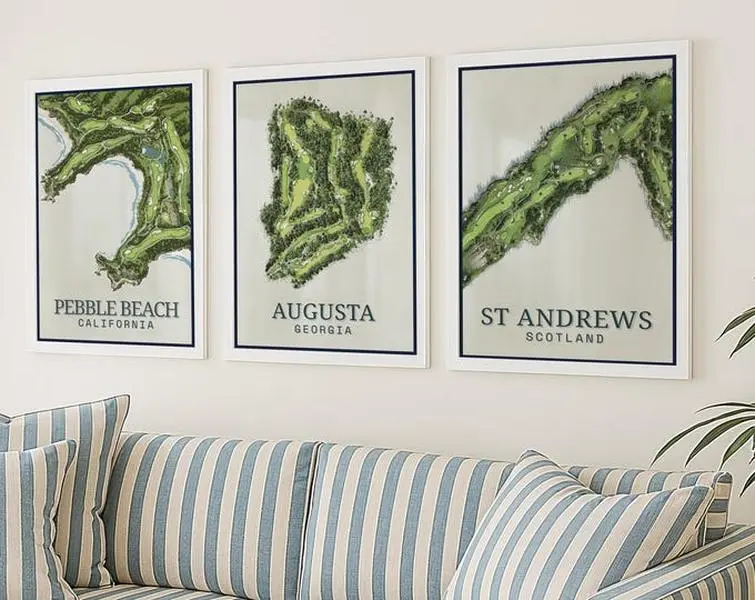 (Set Of 3) Set of 3 Famous Golf Courses Prints ~ (Augusta, Pebble Beach, St Andrews) ~ Masters Golf Posters (Giclée) ~ Golf Maps ~ Golf Gift Set