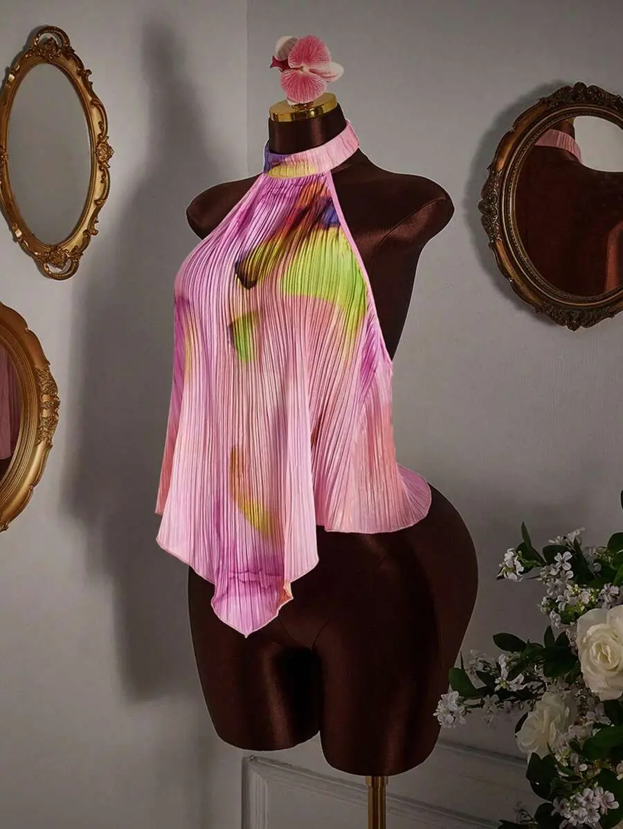JEWEL Pink Pleated Asymmetric Hem Tank Top Party Vacation Summer Sexy Top for Women