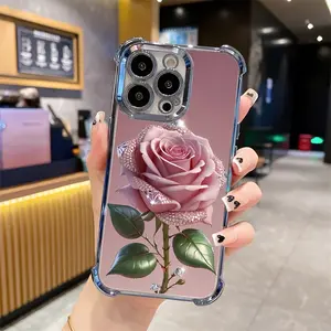 The bright rose pattern phone case protects the luxurious electroplated shock-absorbing four corners of the Iphone 16, 15, 14, 13, 12, 11Pro Max Plus Pro back cover Aesthetic Protection