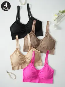 4PCS Simple Casual Comfortable Soft Tank Top Bras, No Back Straps, No Underwire, Removable Pads, Women's Daily Wear, Wireless Sports Bra