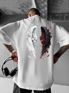 Men's Plus Size Gothic Rose Batwing Print Casual Streetwear Loose Short T-Shirt, Fashionable Relaxed Fit, Comfortable Daily Wear Menswear