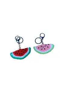 Handmade Crocheted Watermelon Keychain Bag Charm - Purse Decoration - Colorful and Whimsical Design - Car Key Holder - Key Fob Holder - Gift for Birthday or Holiday - Made with Acrylic Yarn - Available in Pink or Red - Stainless Steel Lobster Clasp Ring