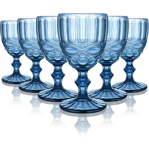Blue Wine Glasses, 8 Oz Dishwasher Safe Vintage Wine Glasses, Blue Goblet Set of 6, Embossed Footed Small Wine Goblet Glassware Cute Stemmed Wine Glasses to Grace Your Table, 240ml Blue